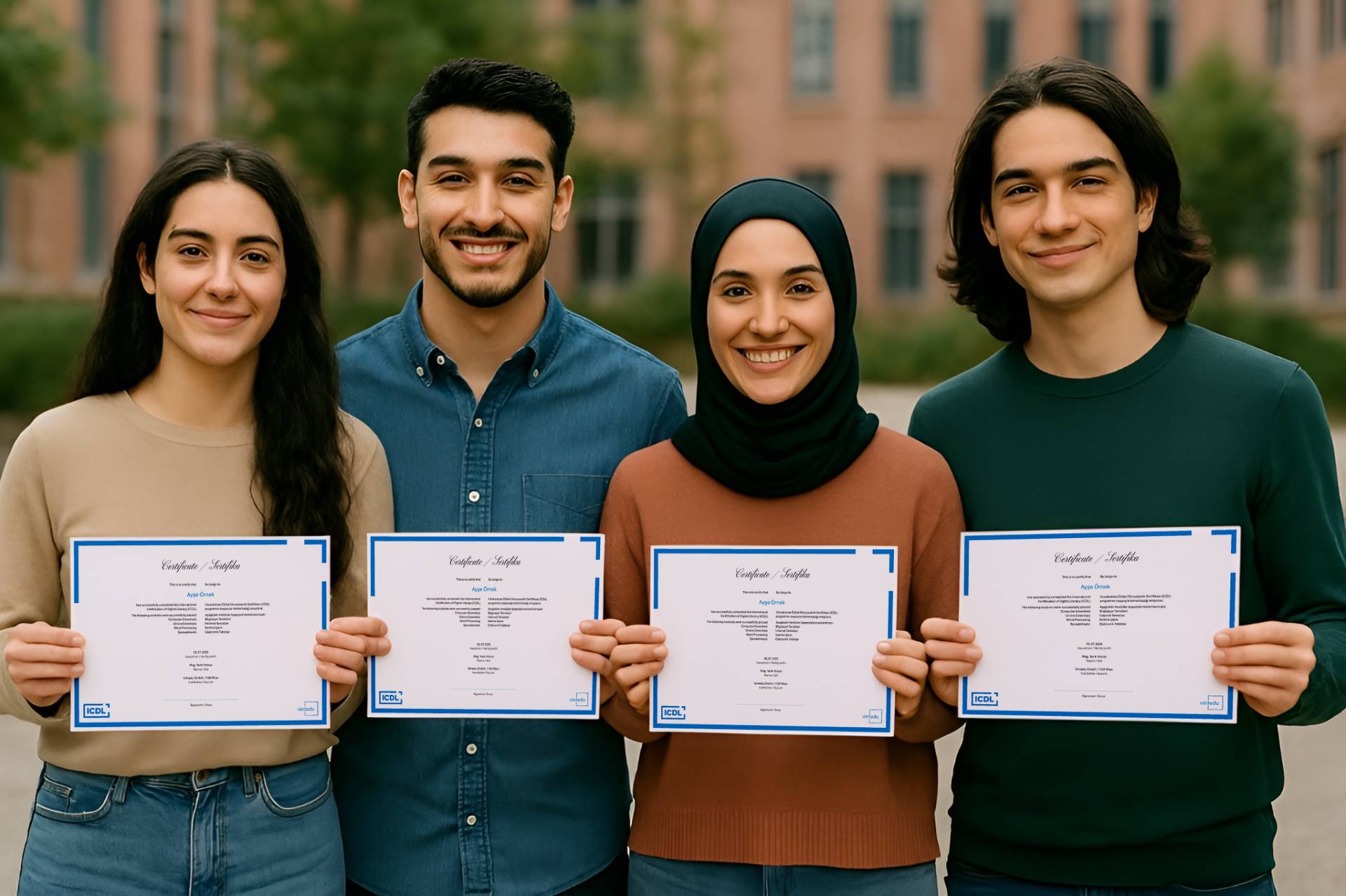 Four young adults holding their ICDL certificates and smiling at the camera